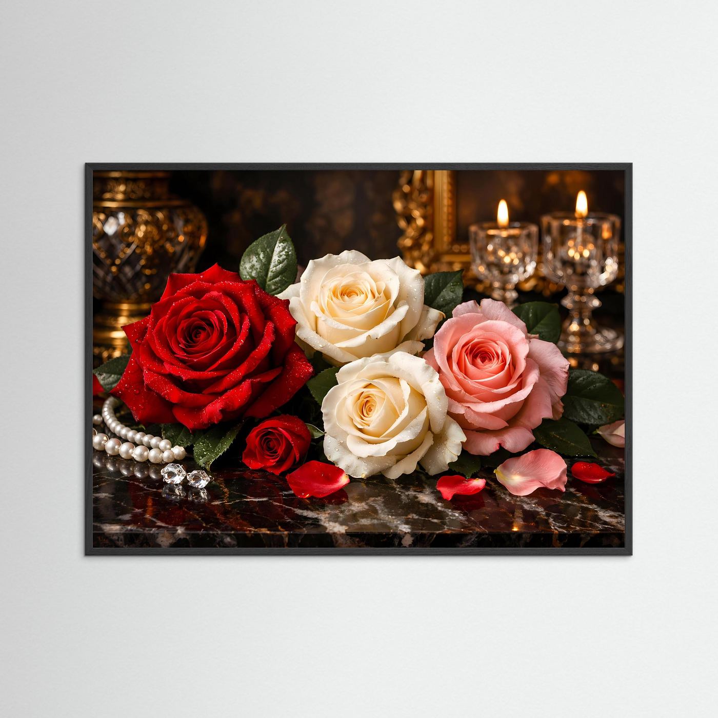 Blumenposter mit Rosen (rot, weiß, rosa), Kerzen und Perlen; schwarzer Rahmen, Querformat