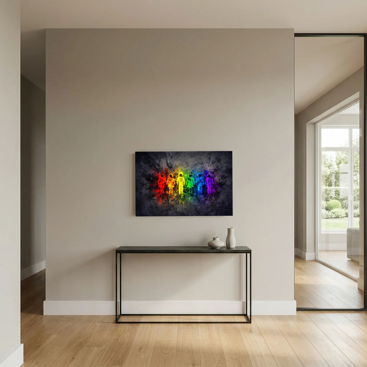 Gerahmtes Wandbild im Querformat mit Regenbogenfarben und Silhouetten im Sprühbild