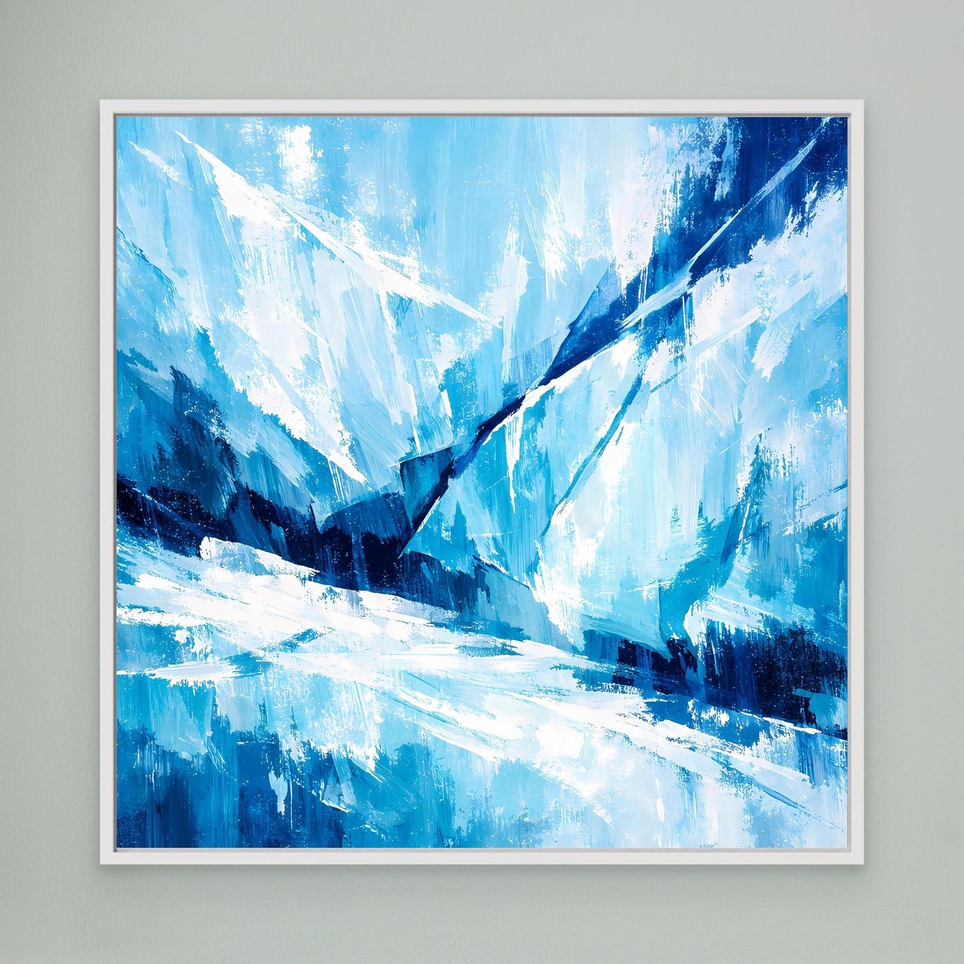 Abstraktes Gletscher-Leinwandbild mit weißem Rahmen, blaues Eis-Motiv