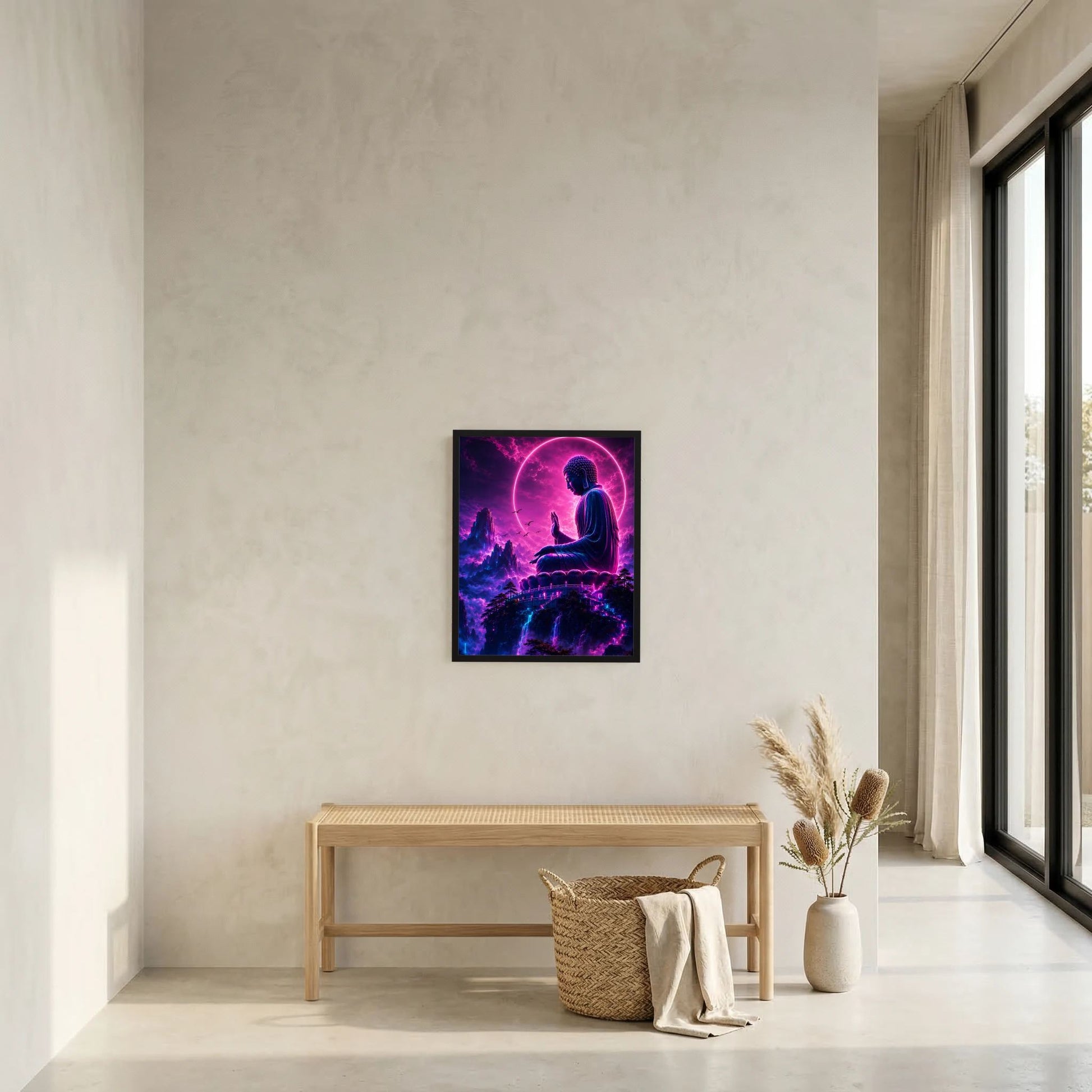 Wandbild im Mini-Format: meditierender Buddha als Neonmotiv in Pink/Violett und Blau