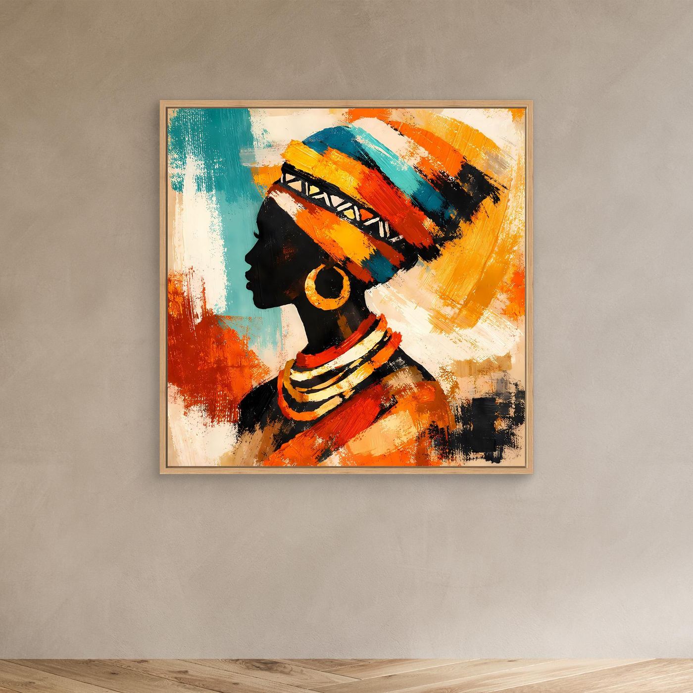 Abstract profile woman wall art in light wood frame, teal and orange headwrap with red trim