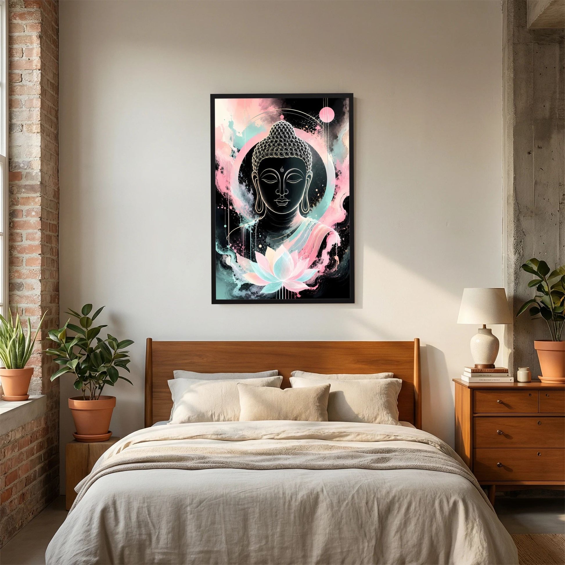 Buddha-Poster im Hochformat mit Lotusblüte und pastelligen Farben, schwarzer Rahmen
