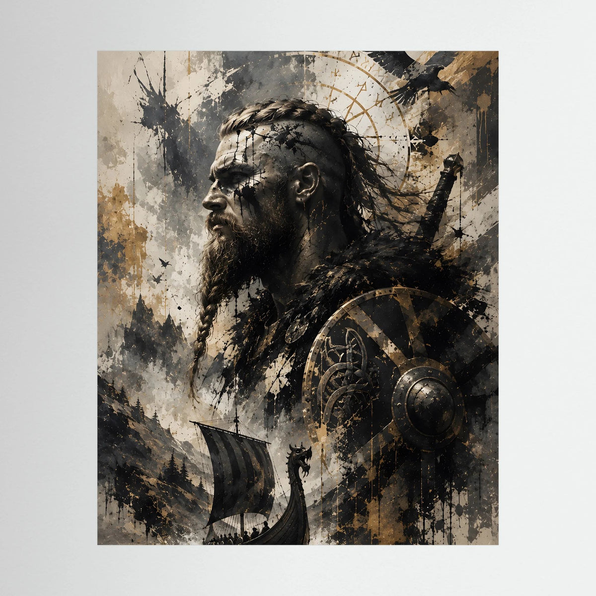 Poster Wikinger-Krieger: Schwarz-Gold, Schild und wehende Flagge