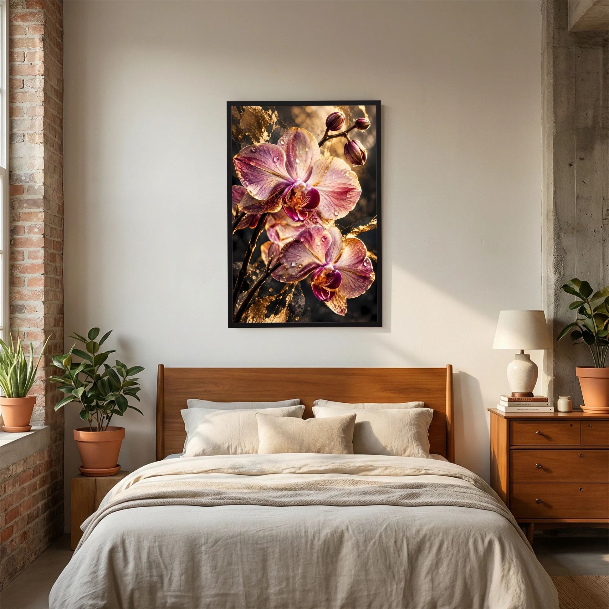 Hochformatiges Poster mit rosa Orchideenblüten und Wassertropfen im schwarzen Rahmen