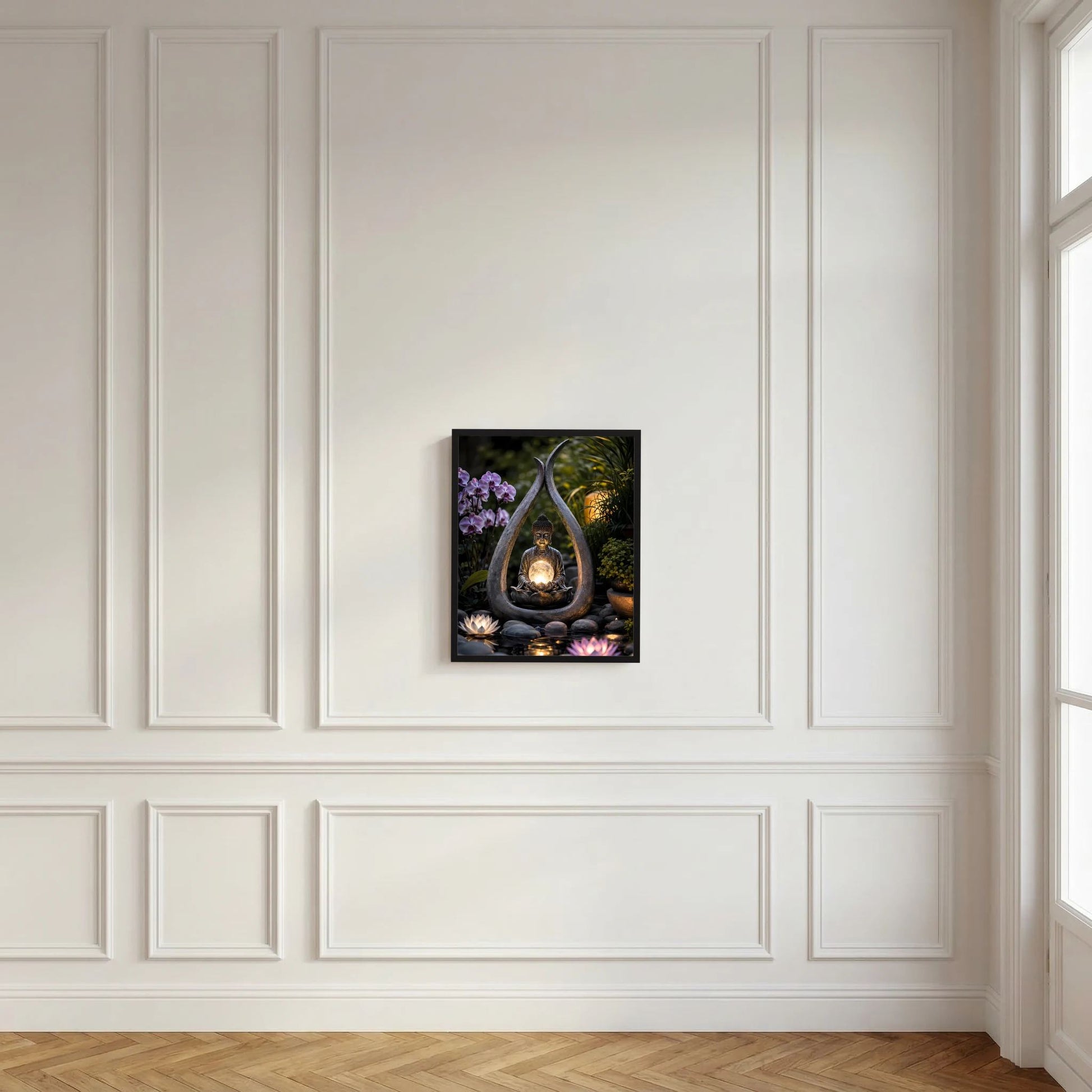 Spirituelles Poster mit Zen-Buddha und Lotus, leuchtende Lichtkugel im schwarzen Rahmen
