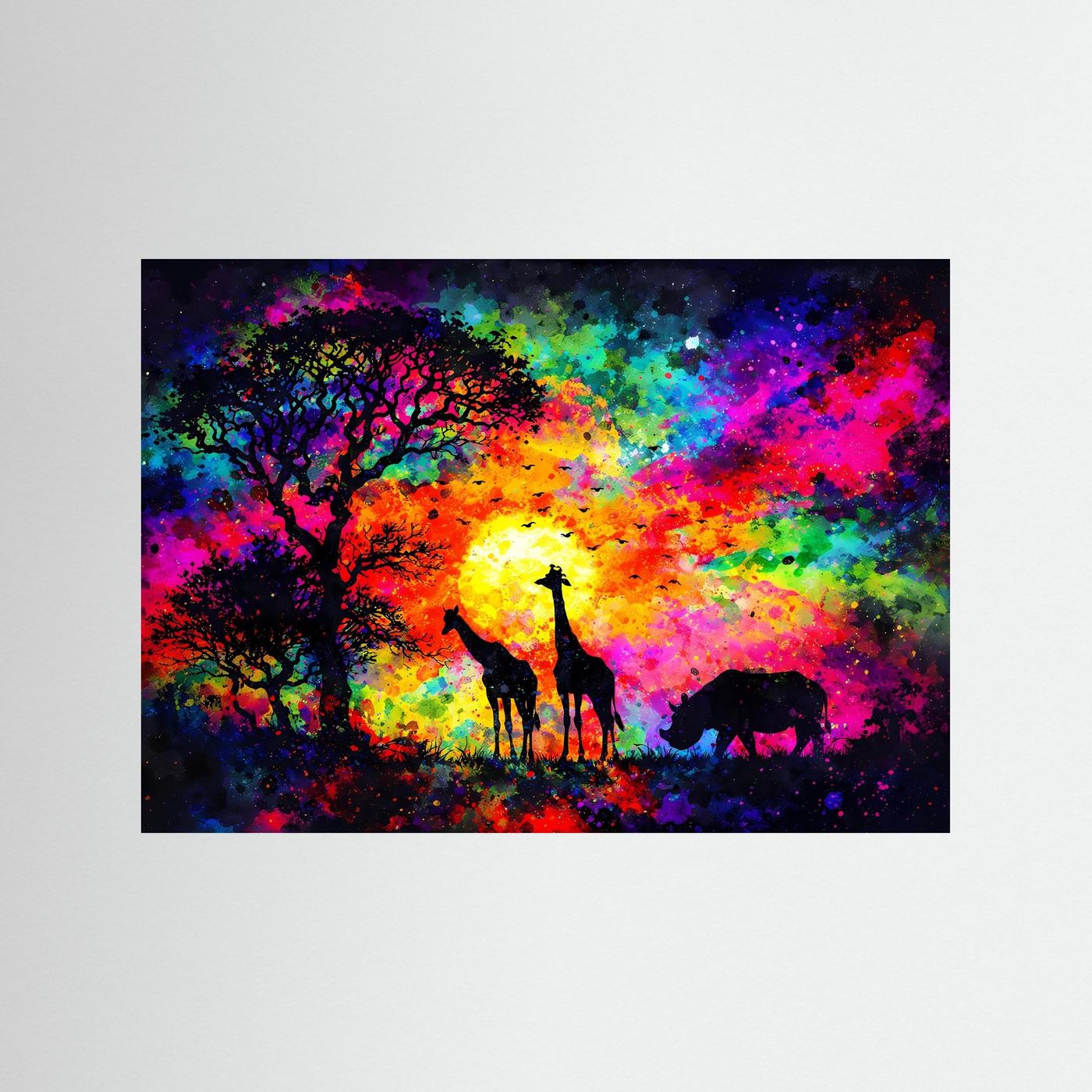 Querformat-Poster mit buntem Savannenmotiv: Giraffe, Nashorn, leuchtende Sonne