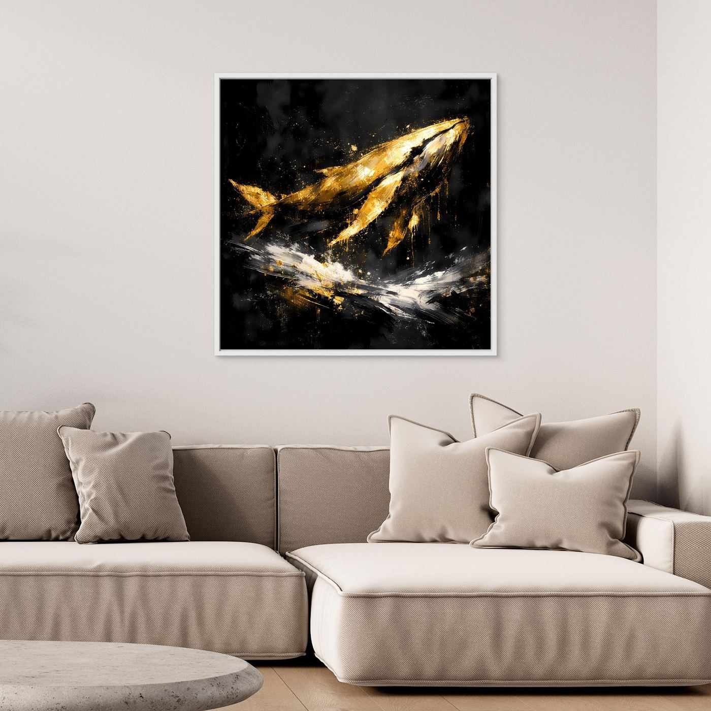 Leinwand Majestätischer Wal in Gold und Schwarz | Modernes Abstraktes Meeres Wandbild