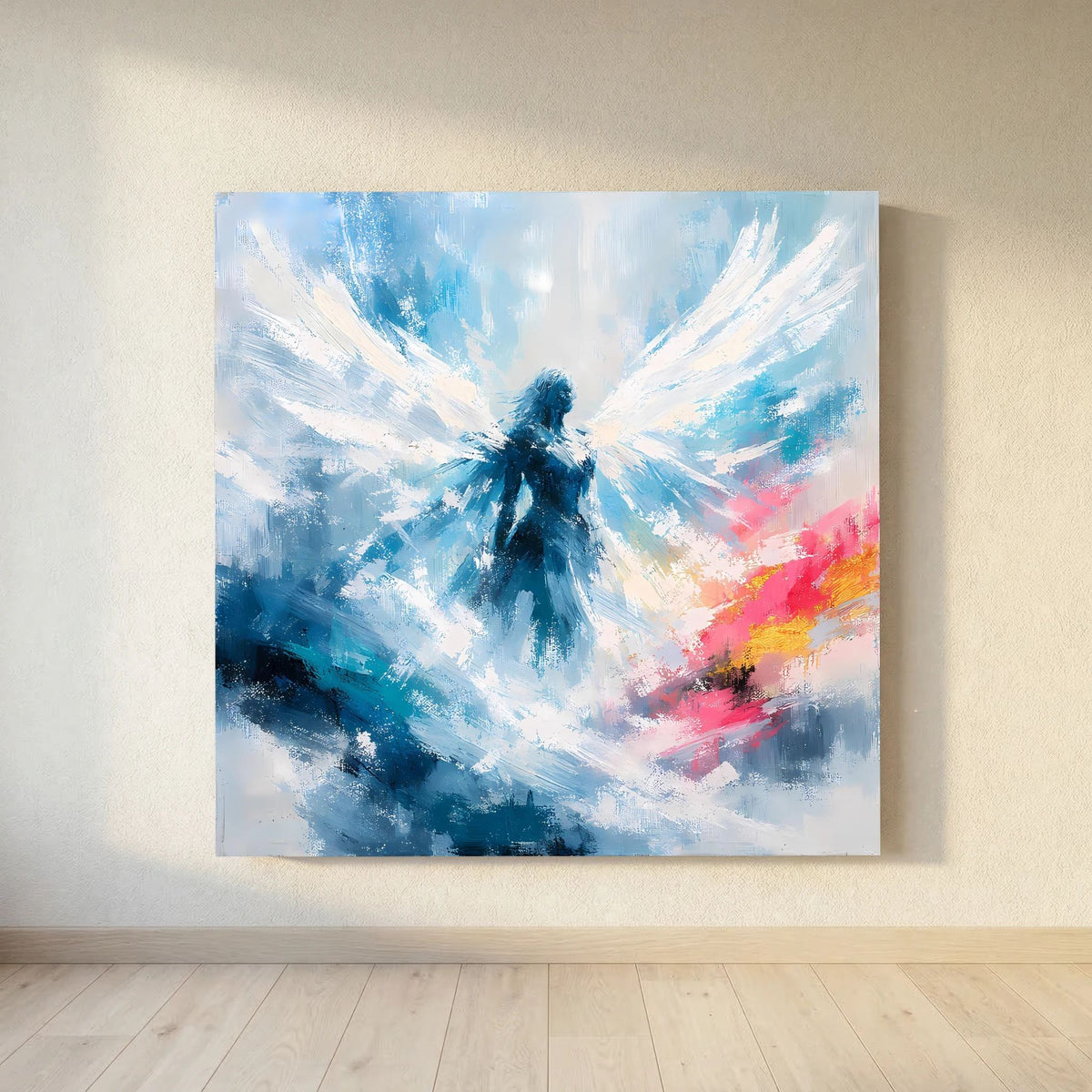 Quadratisches Leinwand-Wandbild: Engel in Blau und Dunkelblau, umgeben von Weiß-Spritzern und Rosa.