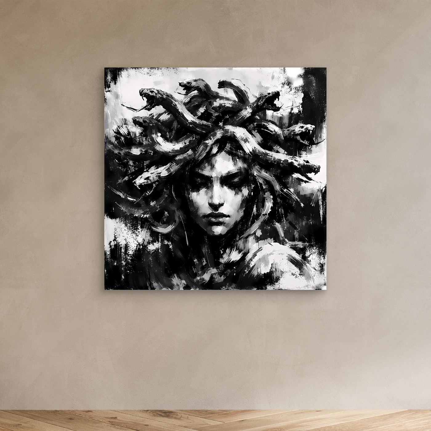 Unframed abstract Medusa portrait canvas in black and white, face and flowing hair visible.