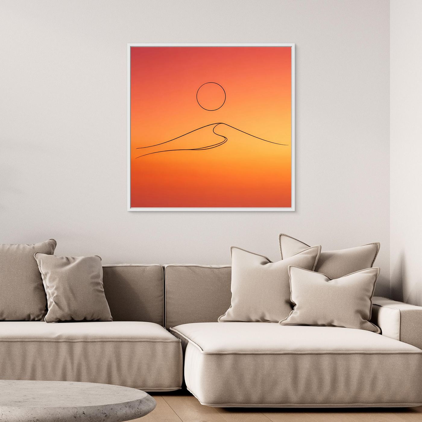 Leinwandbild mit minimalistischer Wüstendüne, Kreis und Linie im Orangeverlauf, weißer Rahmen