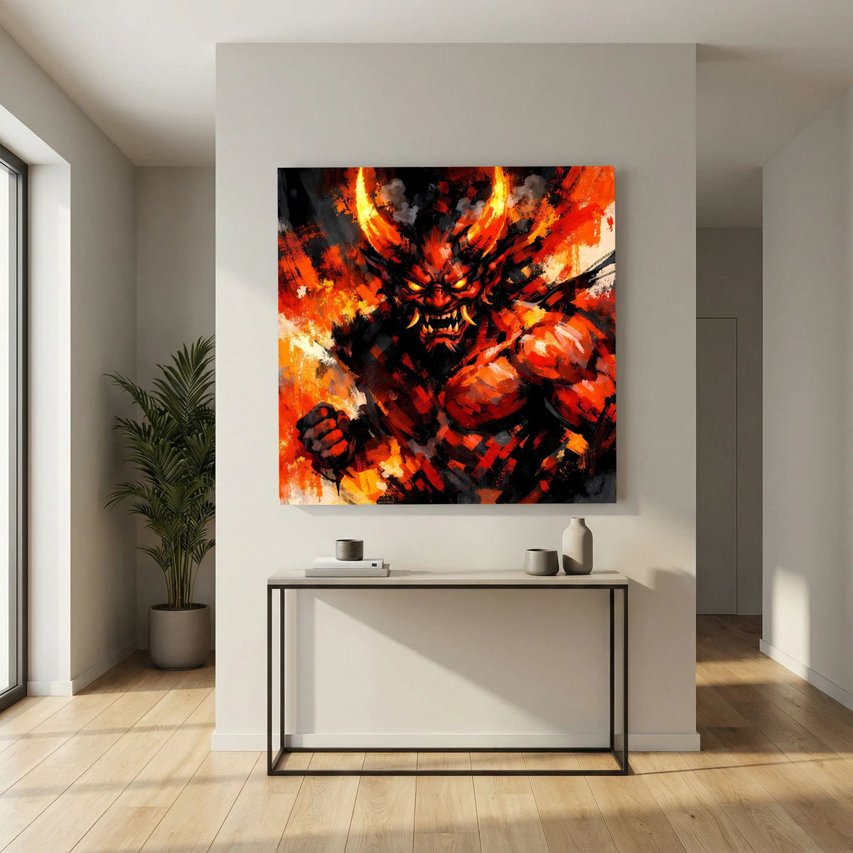 Leinwand-Wandbild mit Oni-Dämon, orangefarbene Flammen und schwarzer Körper mit markanten Blockformen