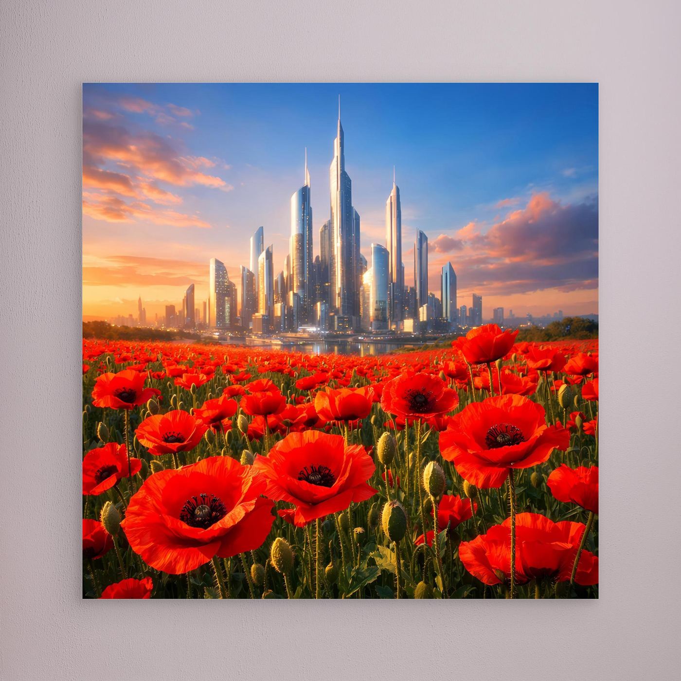 Leinwandbild mit rotem Mohnfeld und futuristischer Skyline ohne sichtbaren Rahmen
