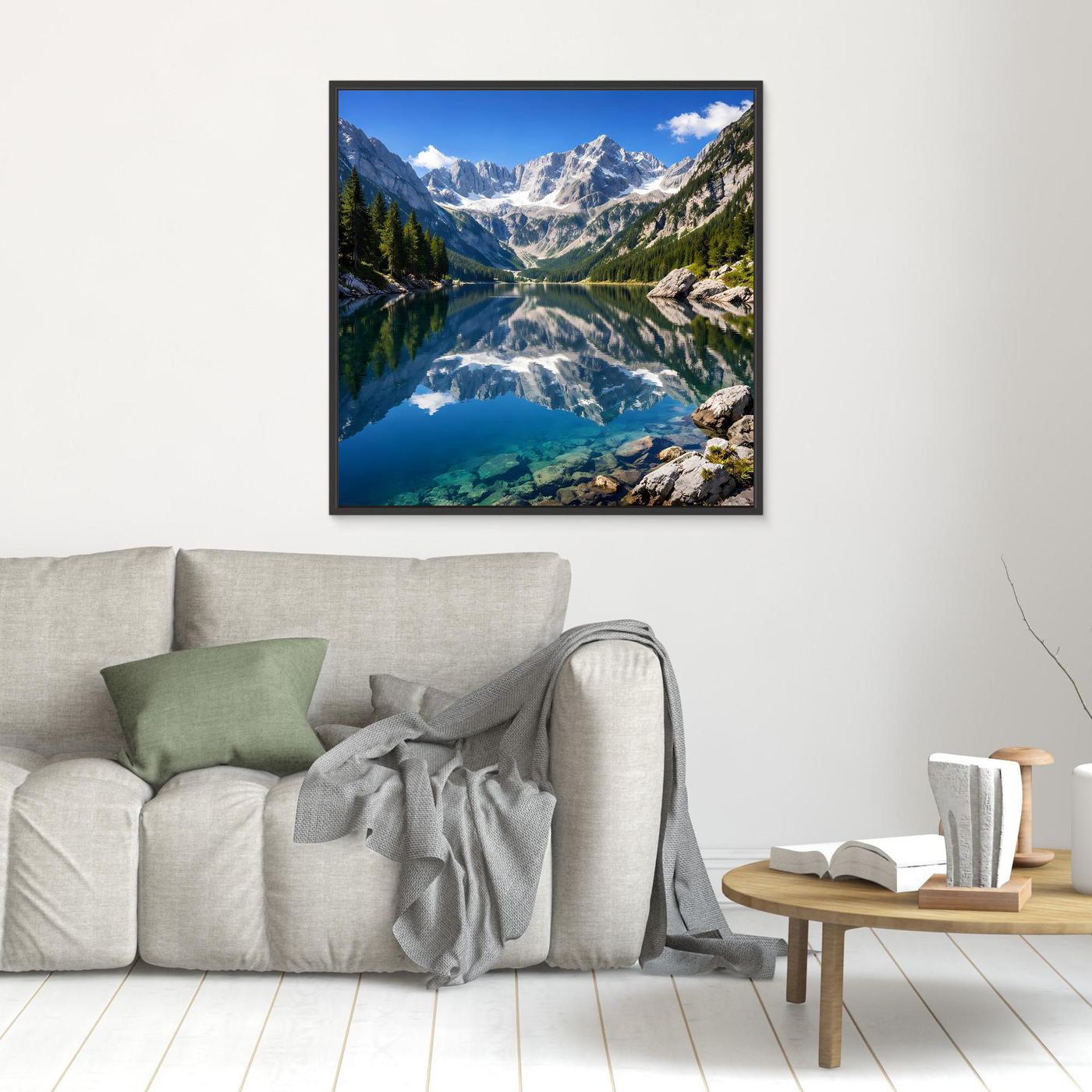 Gerahmtes Leinwandbild mit Bergsee und Alpenpanorama, Spiegelung im kristallblauen Wasser