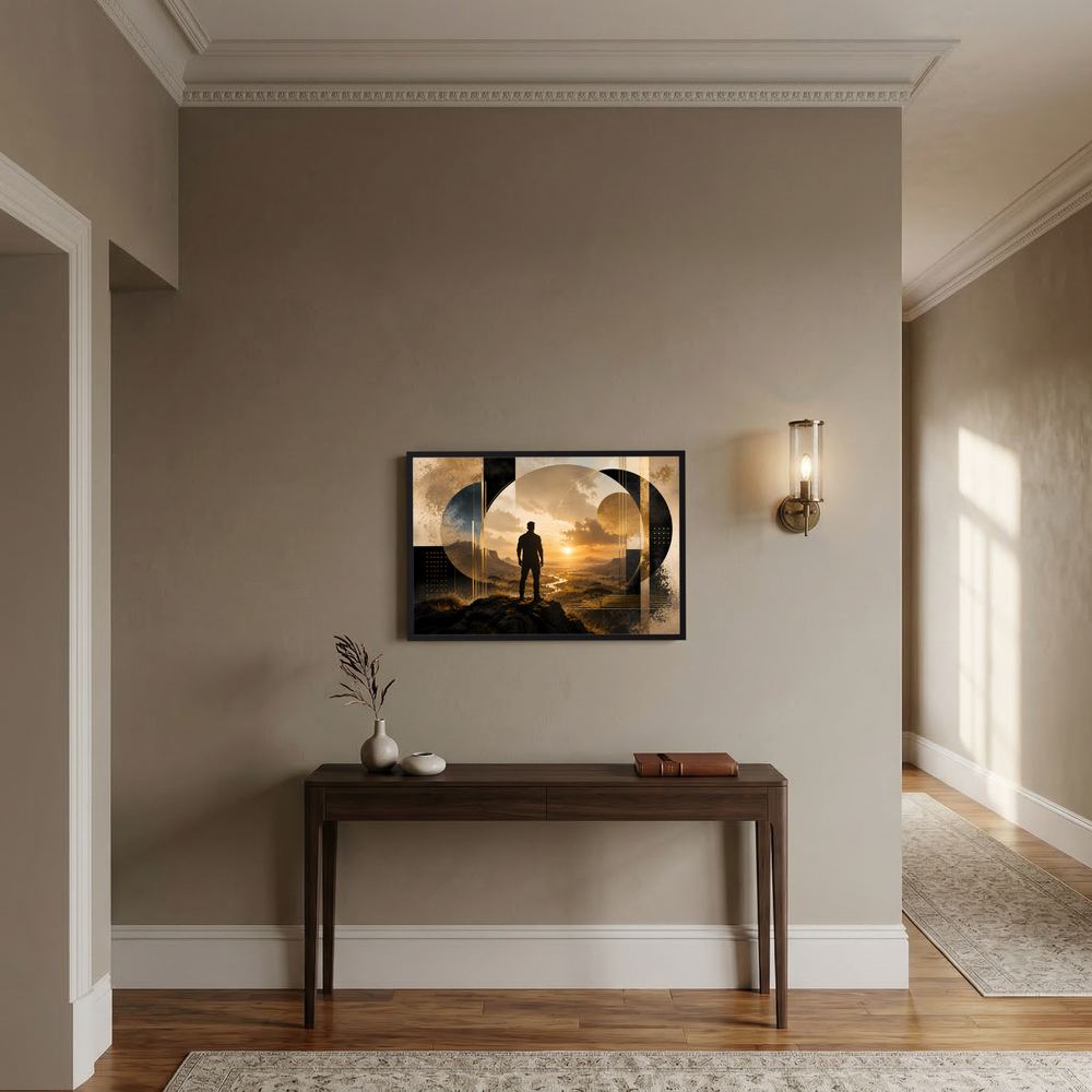 Querformat-Poster mit abstrakter Männer-Silhouette in goldener Landschaft, schwarze Rahmung