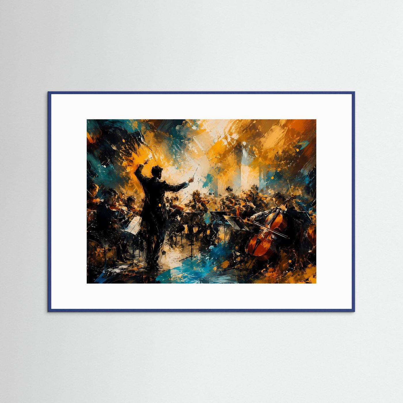 Musik-Kunstposter Querformat mit Orchester-Silhouetten, golden-blauem Licht, blauem Rahmen