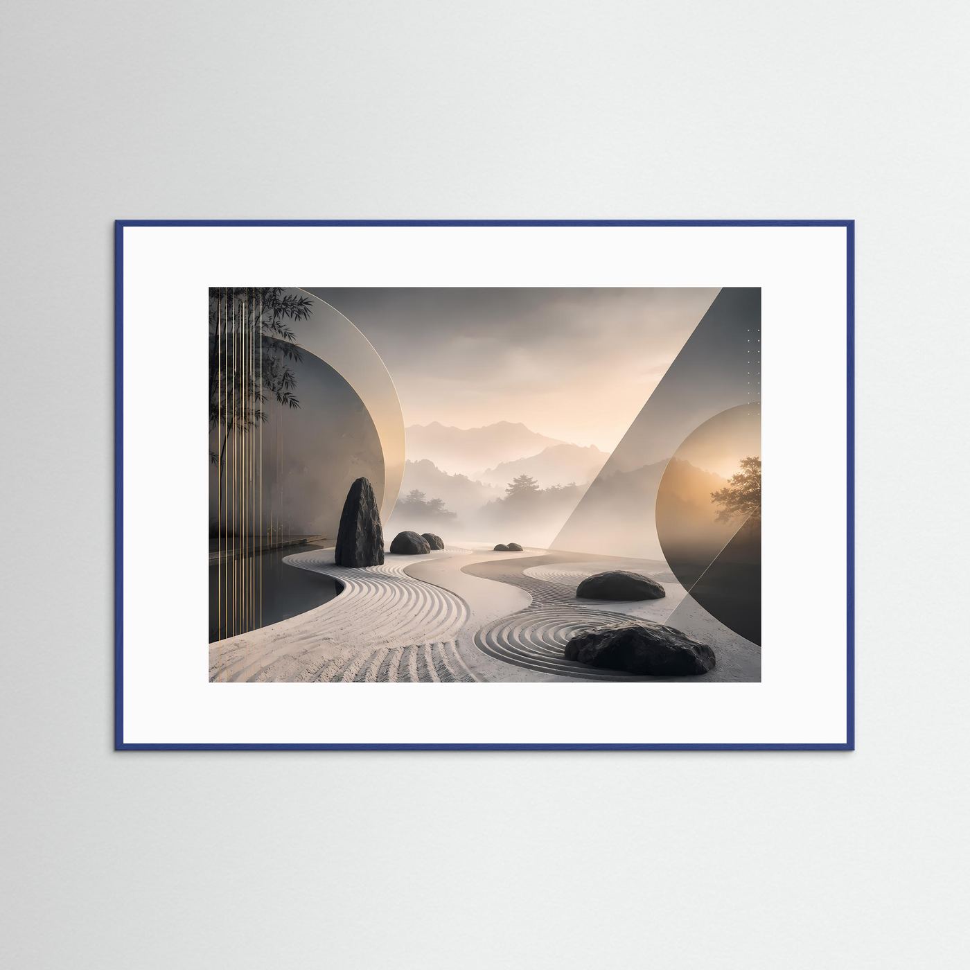 Poster im blauen Holzrahmen (Querformat): Zen-Garten mit Sandlinien und Steinen.