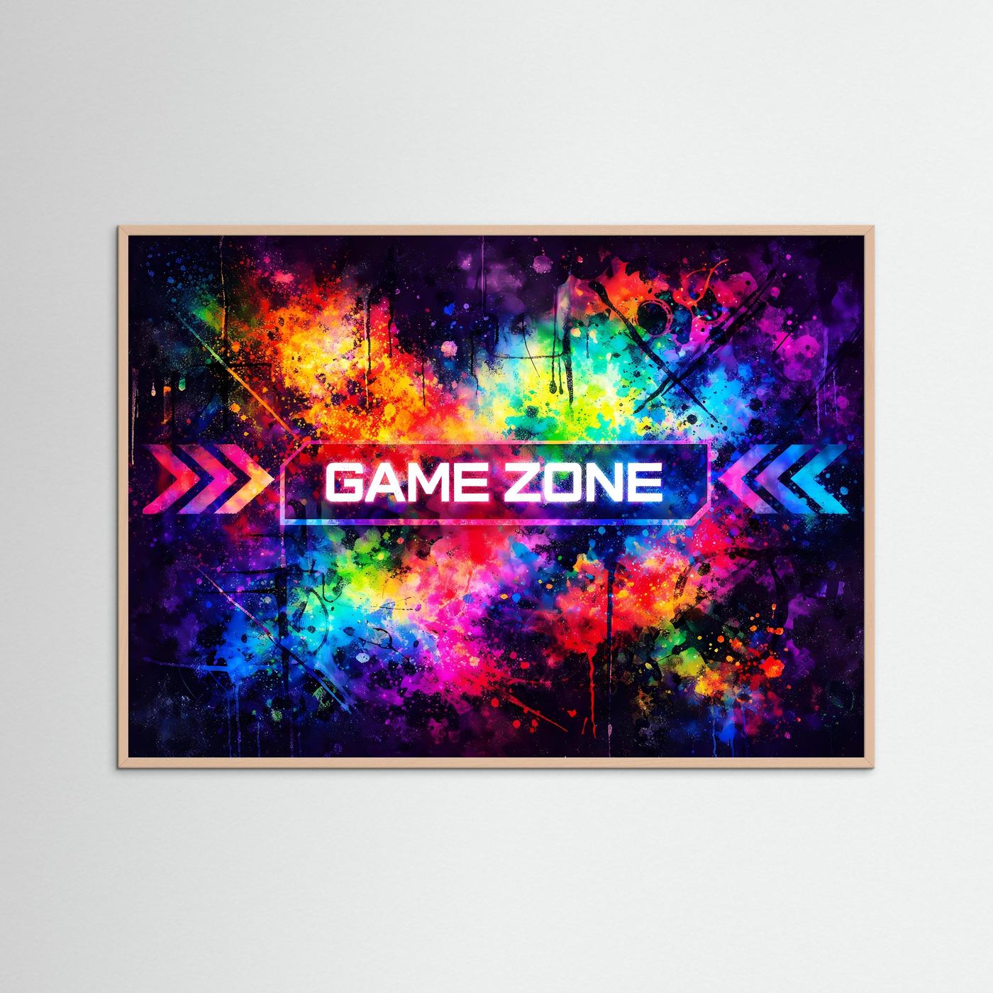Pop-Art-Poster „Game Zone“ mit bunten Farbspritzern und Pfeilen, mit naturfarbenem Holzrahmen