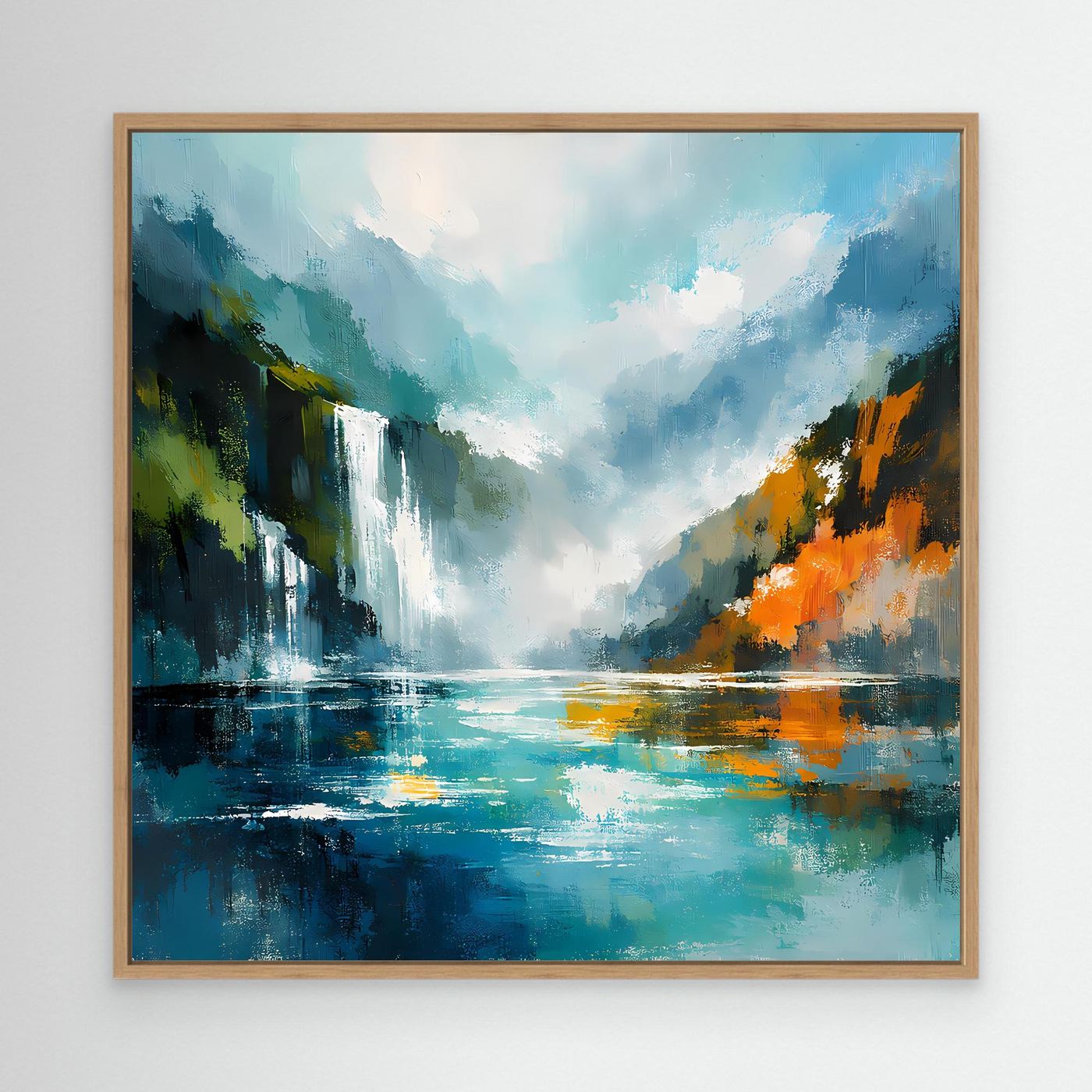 Abstraktes Wandbild mit Wasserfall und Fjord, türkis/blau, Eichenrahmen.