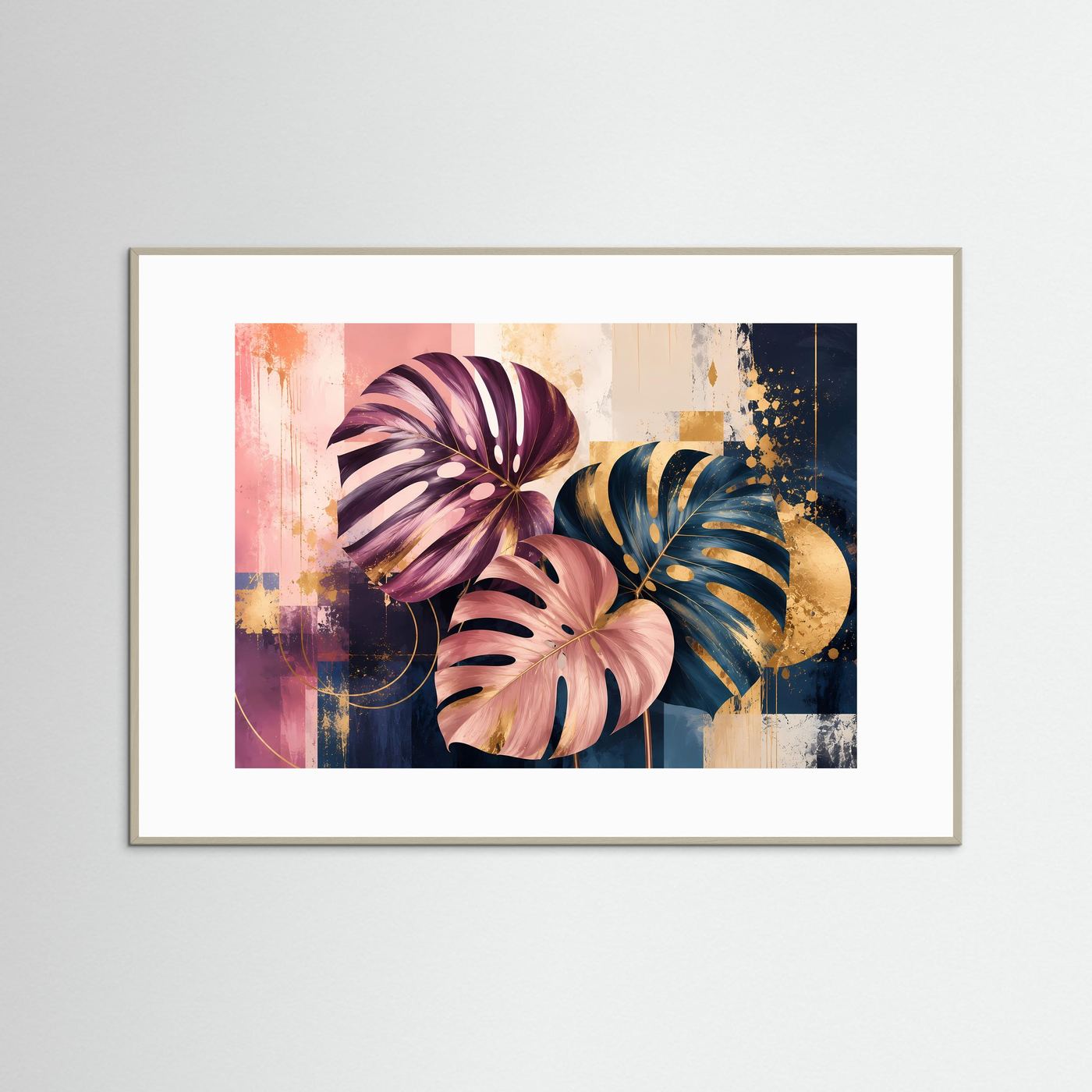 Elegante Monstera Blätter in Rosa, Blau & Gold | Abstrakte Botanik Poster Querformat