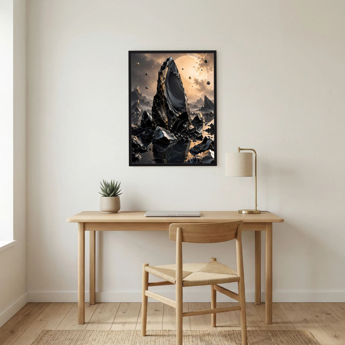 Wandposter mit schwarzem Rahmen und goldbelebter Felslandschaft mit Monolith