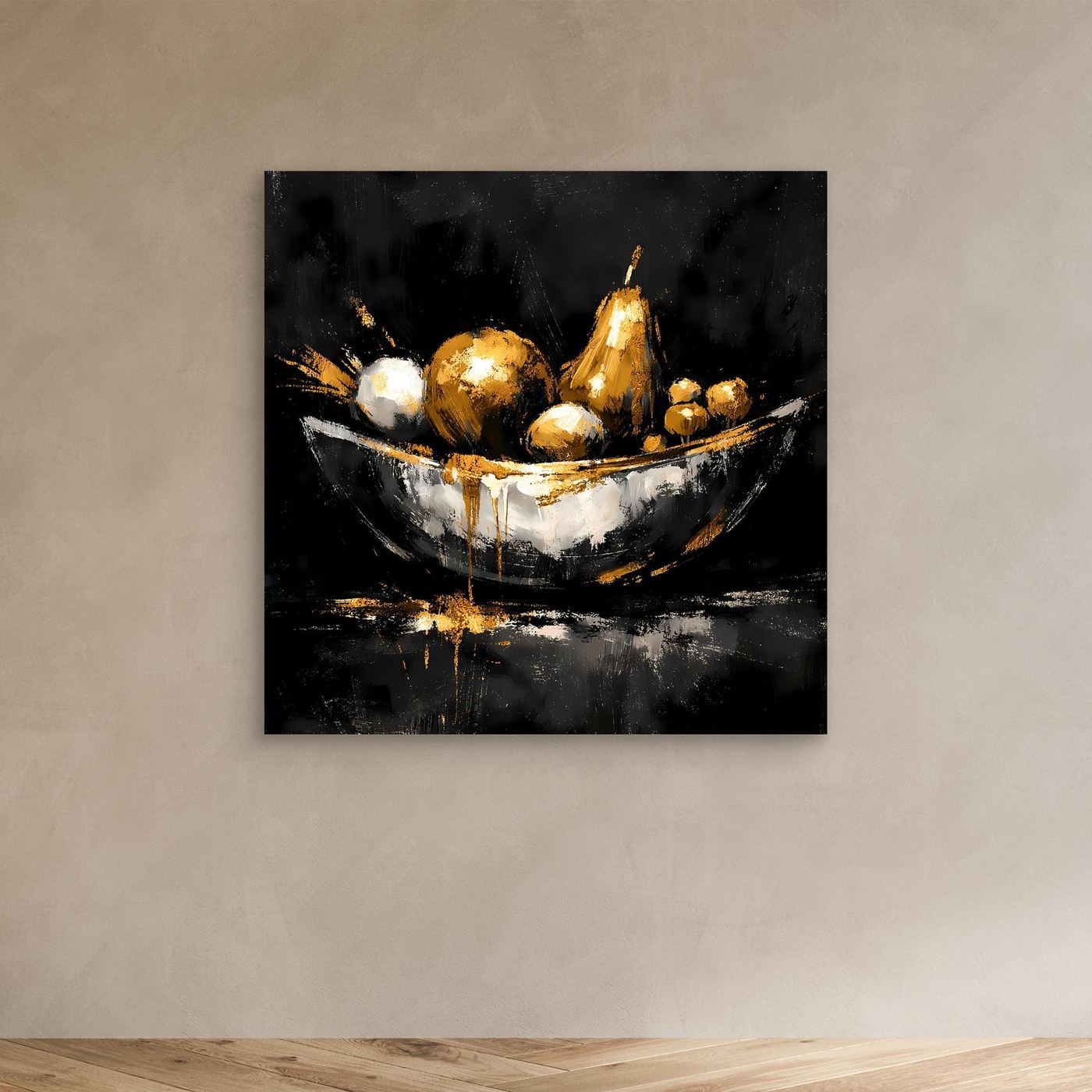 Leinwand Elegante Obstschale in Gold und Silber | Modernes Luxus Stillleben Wandbild