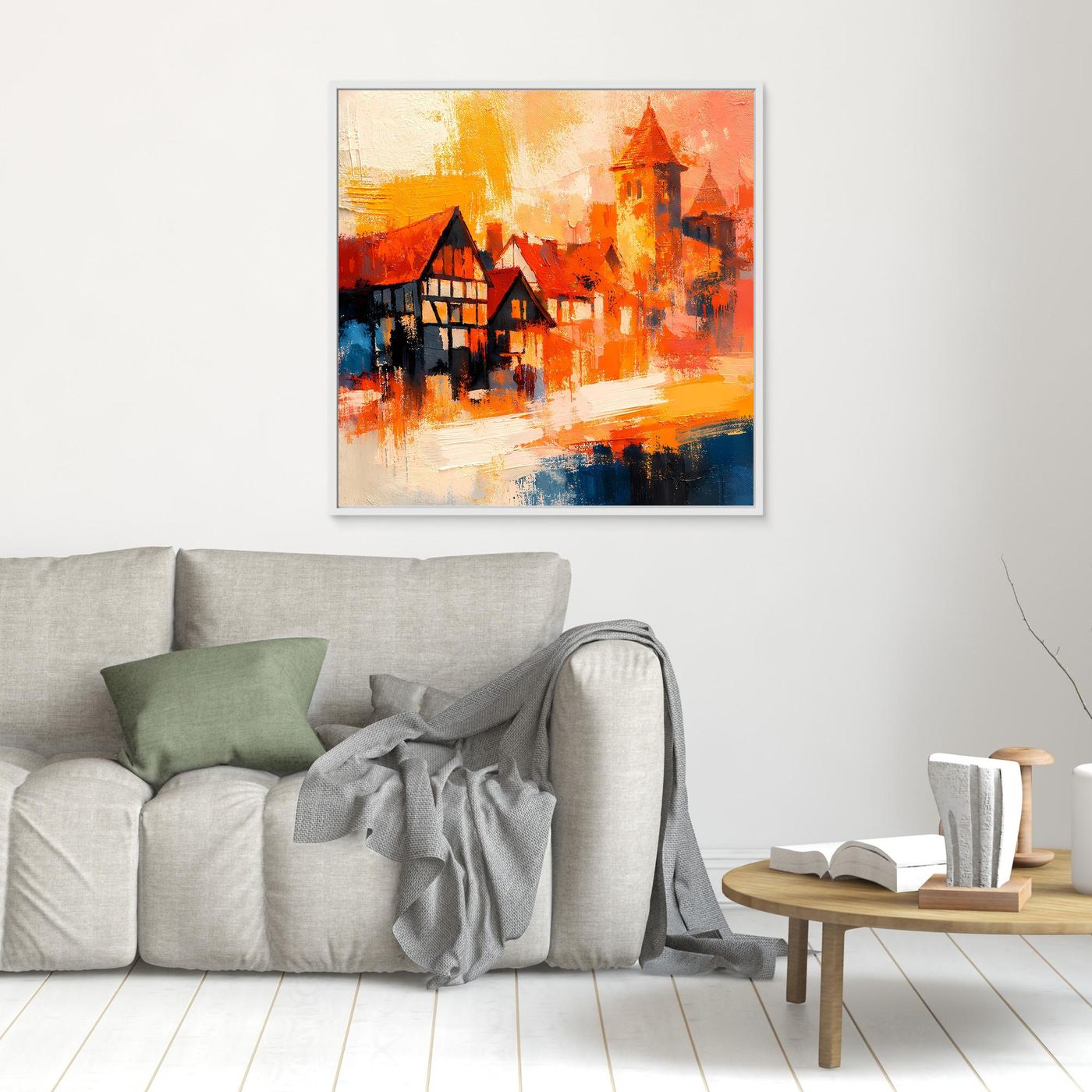 Premium Leinwand Romantische Altstadt im Farbenrausch | Modernes Fachwerk Wandbild abstrakt