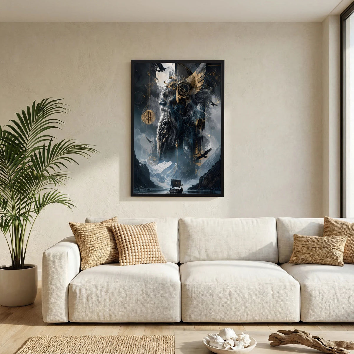 Gerahmtes Hochformat-Poster mit dunkler Wikingerfigur, Rabenflügeln und runenhaftem Motiv