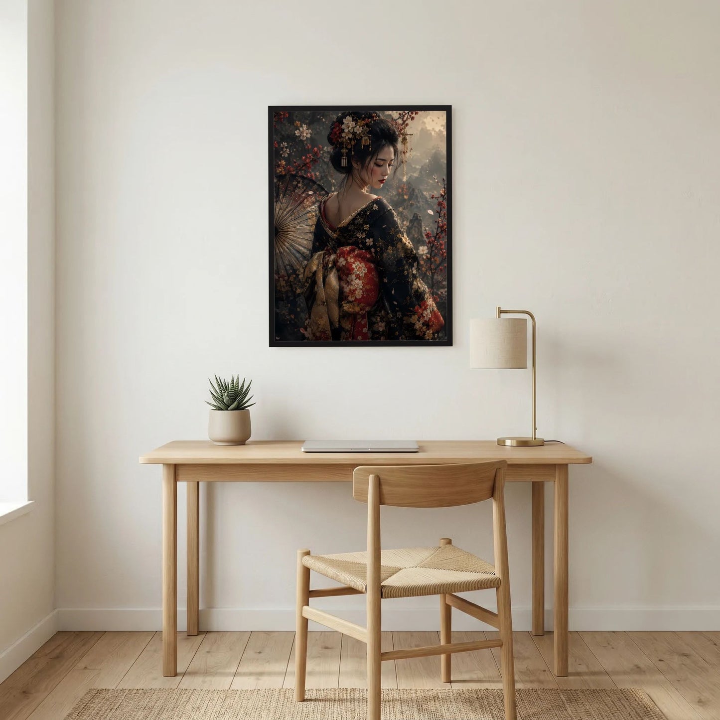 Poster mit japanischer Geisha im floralen Kimono, schwarzer Rahmen, Kopf-und-Schulter