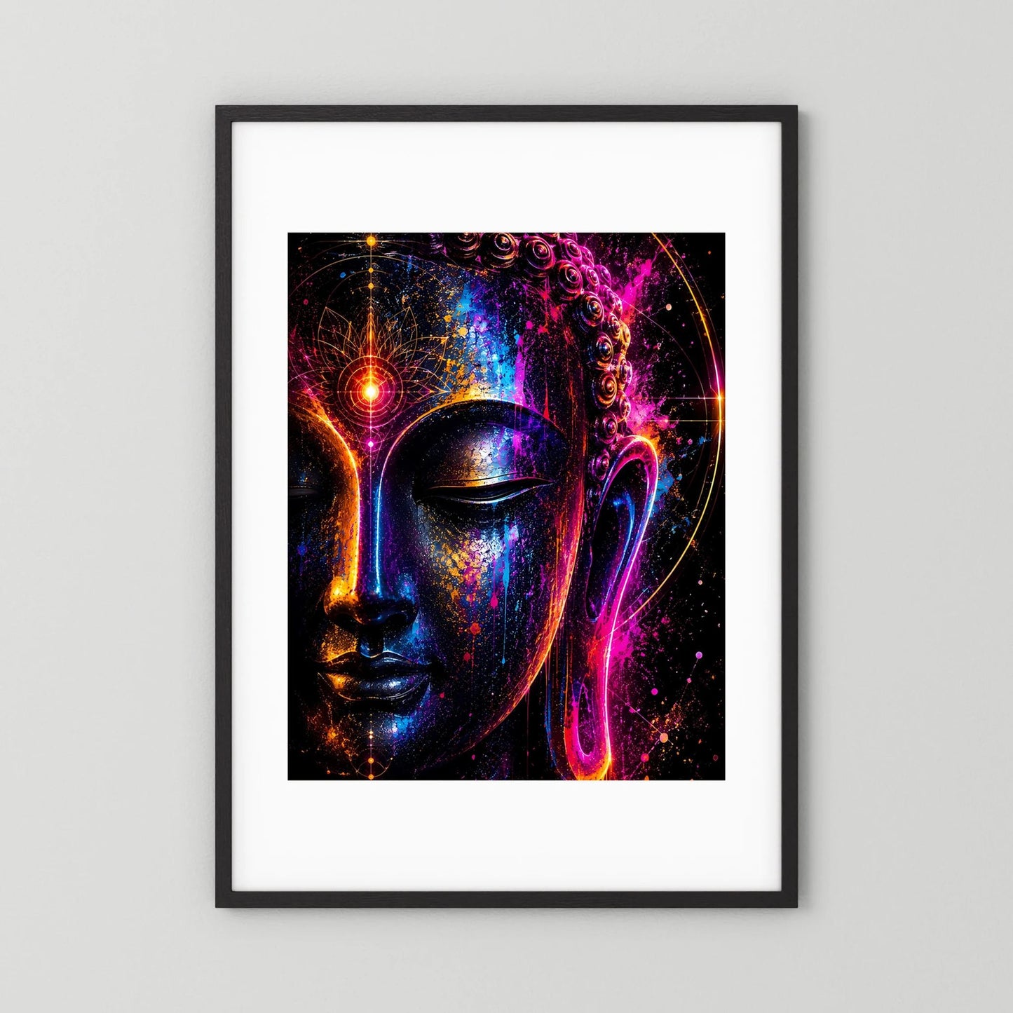 Hochformatiges Poster mit abstraktem Buddha-Gesicht in Neonfarben, schwarzer Rahmen mit weißem Rand