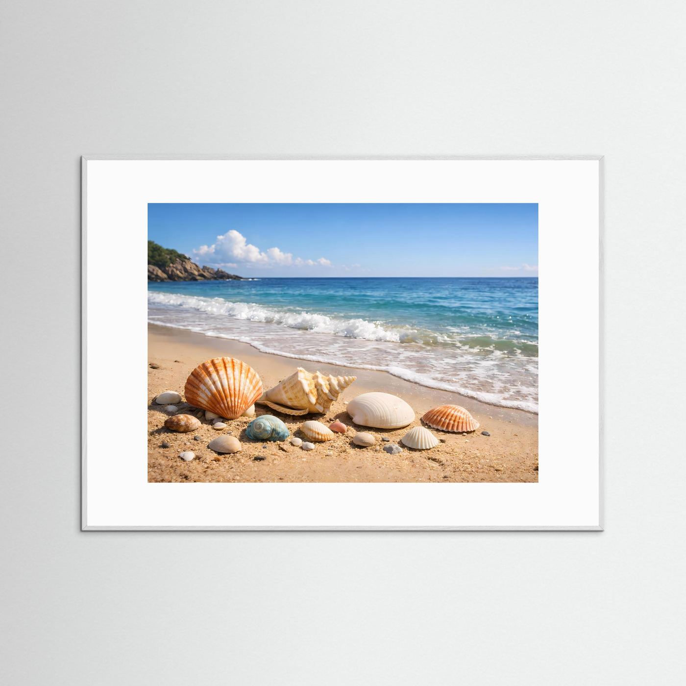 Poster im Querformat: Muscheln am Sandstrand, weiß gerahmt