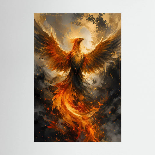 Hochformatiges Poster mit Phönix in Flammen, gold-orange Flügel und hellem Lichtkreis