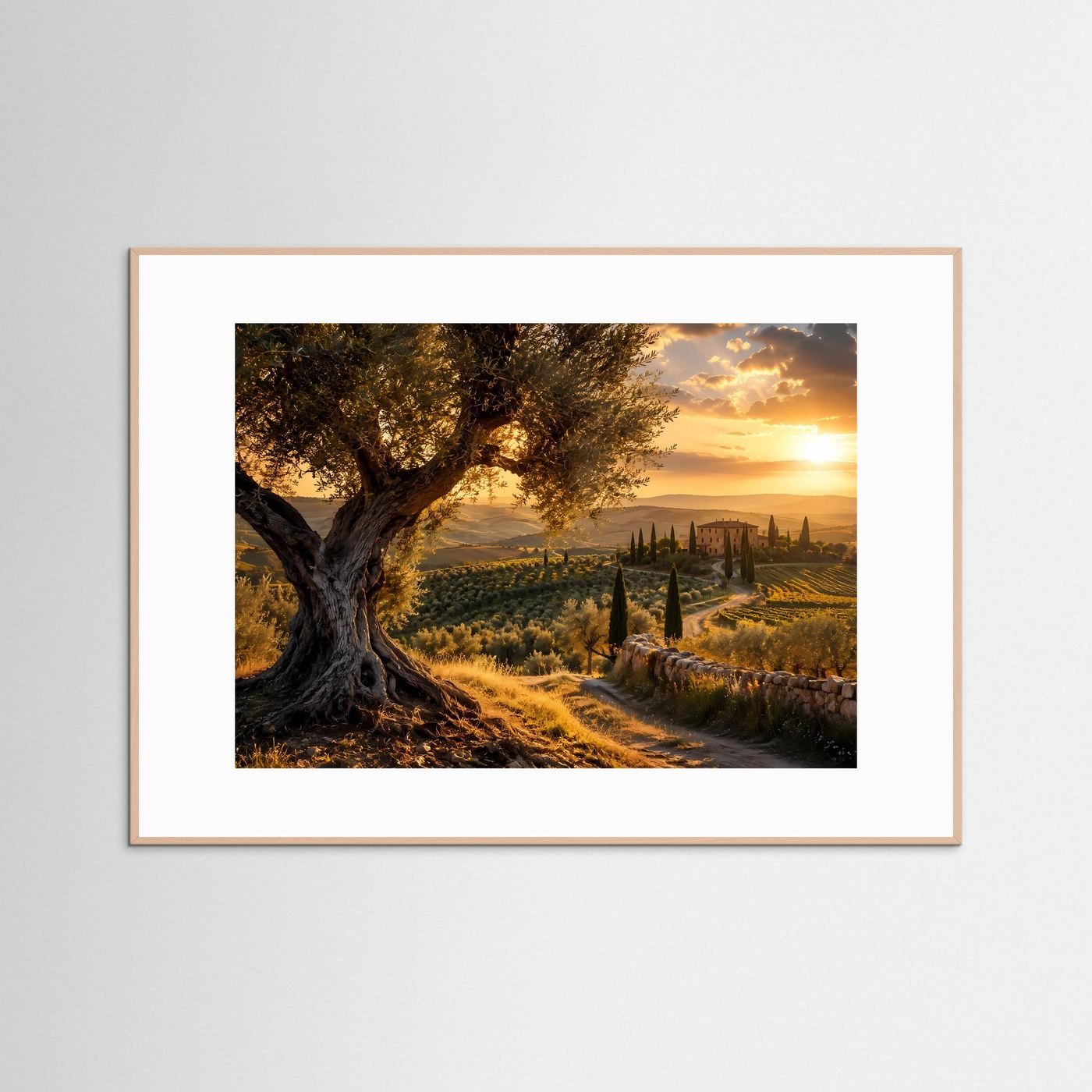 Toskana Olivenbaum Wandbild | Italien Landschaft Poster | Goldene Abendsonne Leinwand | Mediterrane Natur | Elegante Wall Art | Toscana Dekoration