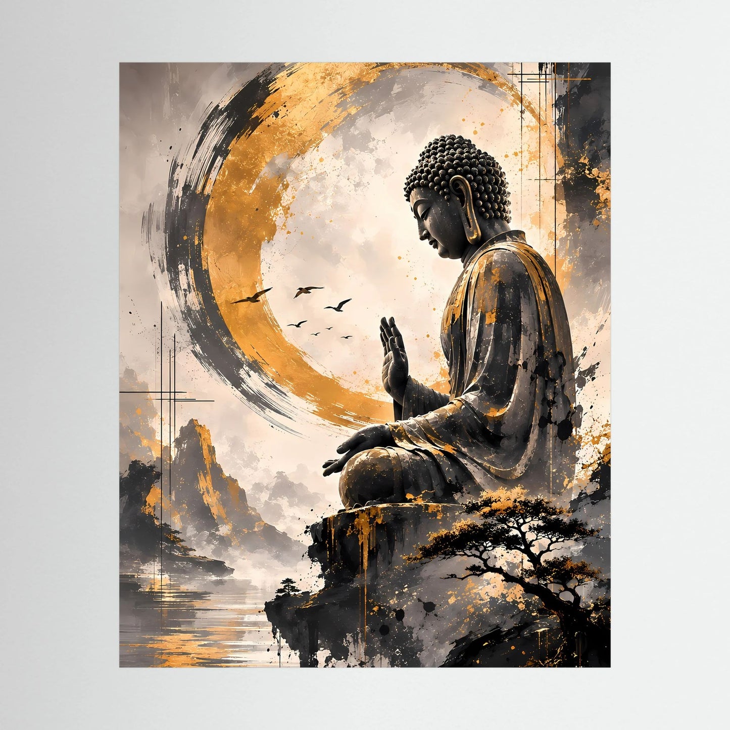Hochformatiges Poster mit sitzendem Buddha vor goldenen Zen-Kreisspuren in Schwarz-Gold