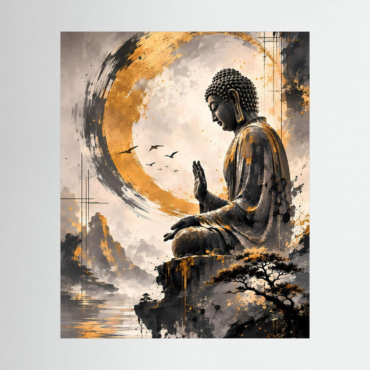 Hochformatiges Poster mit sitzendem Buddha vor goldenen Zen-Kreisspuren in Schwarz-Gold
