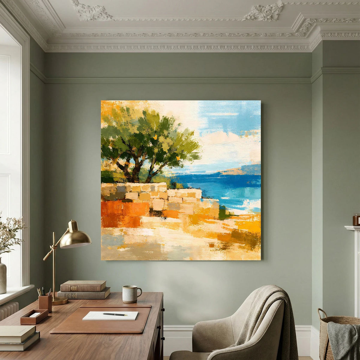 Quadratisches Wandbild auf Leinwand: grüner Baum, orangefarbene Mauersteine und blaues Meer.
