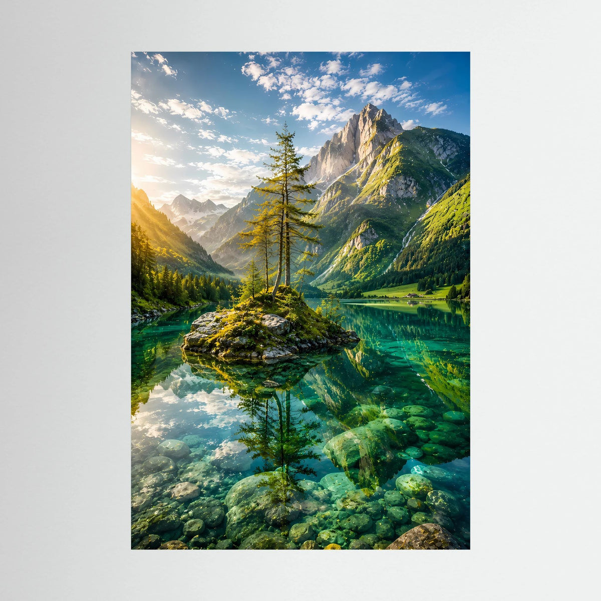 Hochformatiges Poster mit Alpenlandschaft: Bauminsel im Bergsee, türkisgrünes Wasser und Berge.