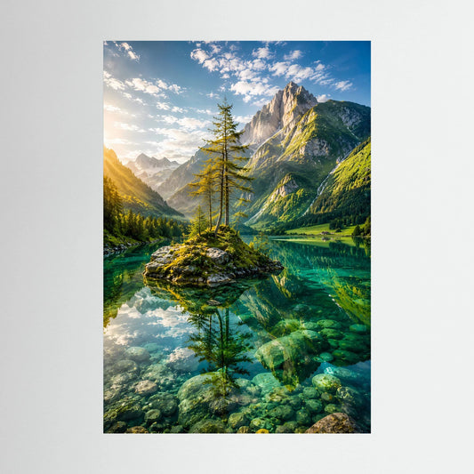 Hochformatiges Poster mit Alpenlandschaft: Bauminsel im Bergsee, türkisgrünes Wasser und Berge.