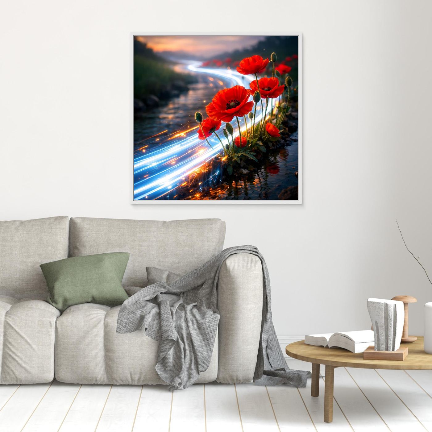 Kleines Leinwandbild mit roten Mohnblumen am Bach und Lichtspuren, weiß gerahmt