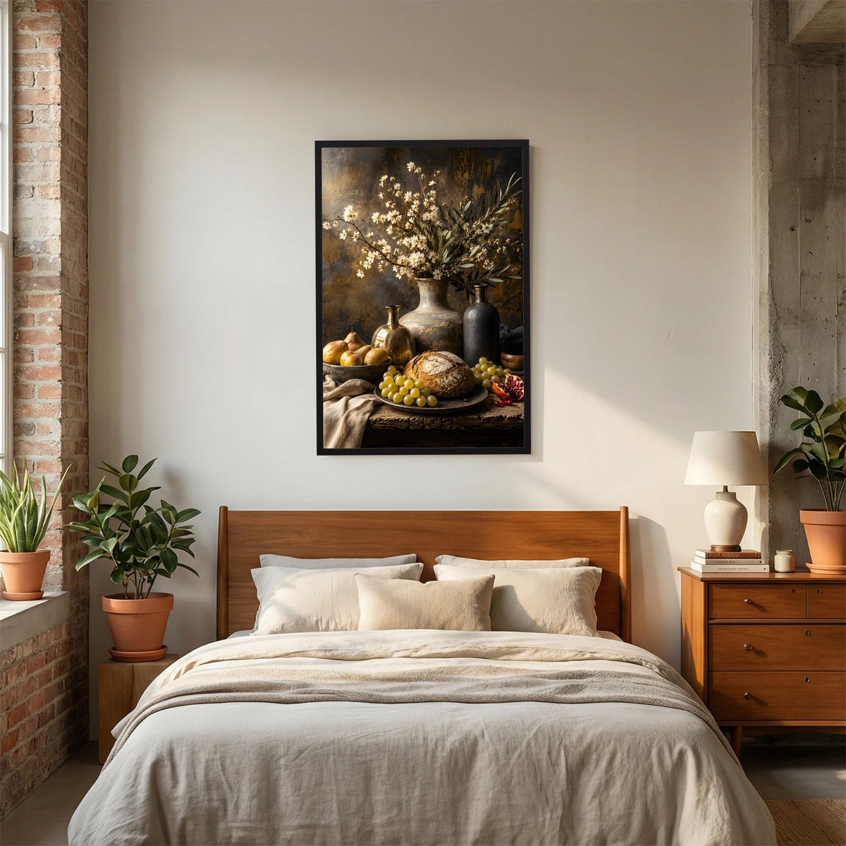 Kunstposter mit schwarzem Rahmen über dem Bett: Stillleben mit Blumen und Brot
