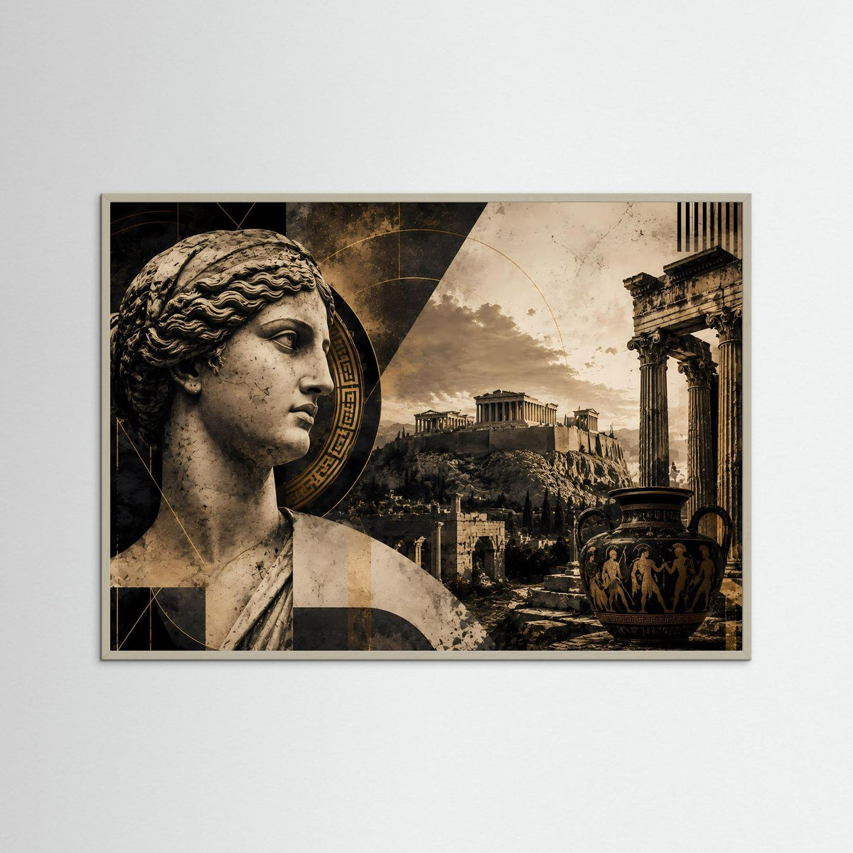 Wandkunst mit griechischer Statue im Schwarz-Gold-Print, gerahmt in grauem Holzrahmen