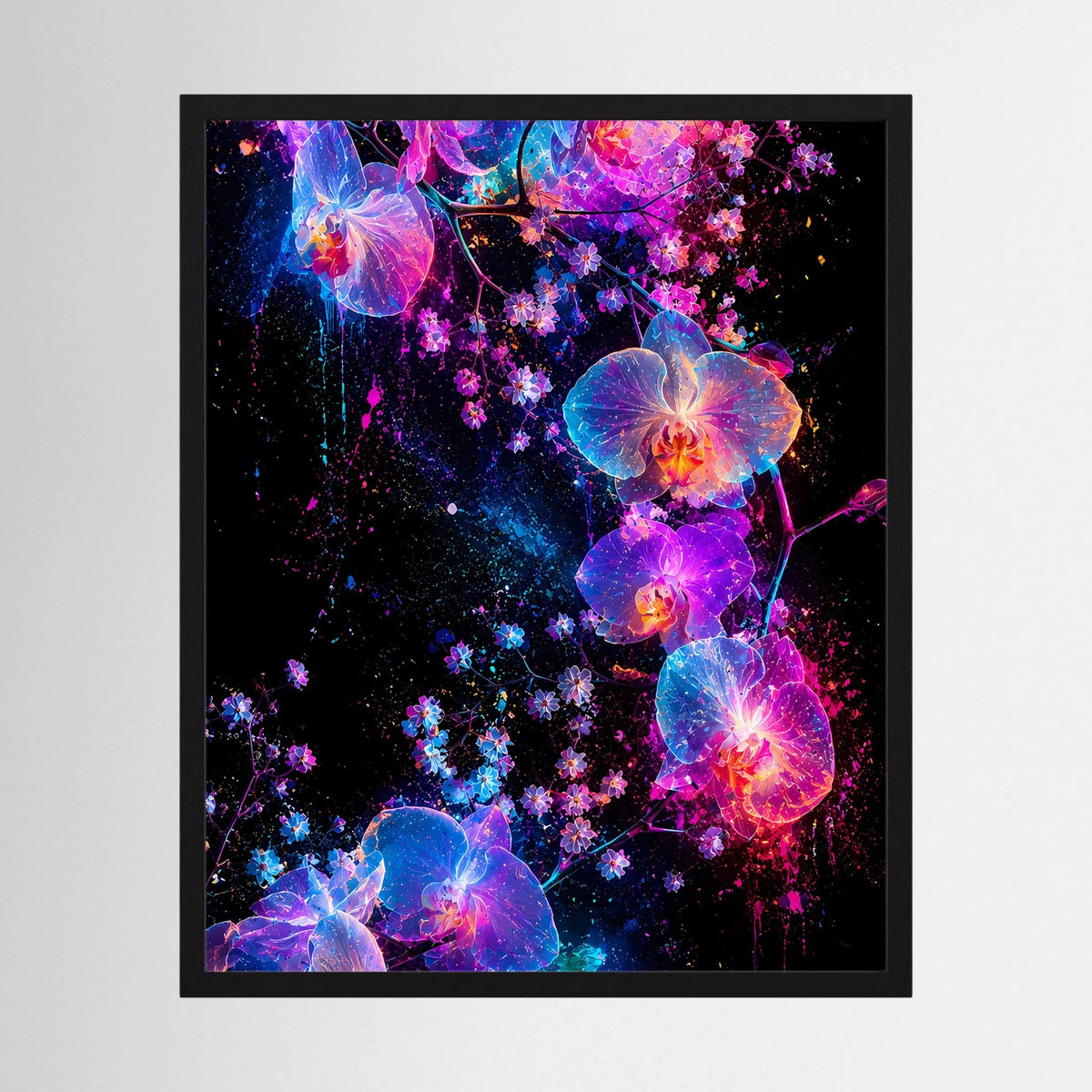 Hochformatiges Kunstposter mit leuchtenden Orchideen und schwarzem Rahmen