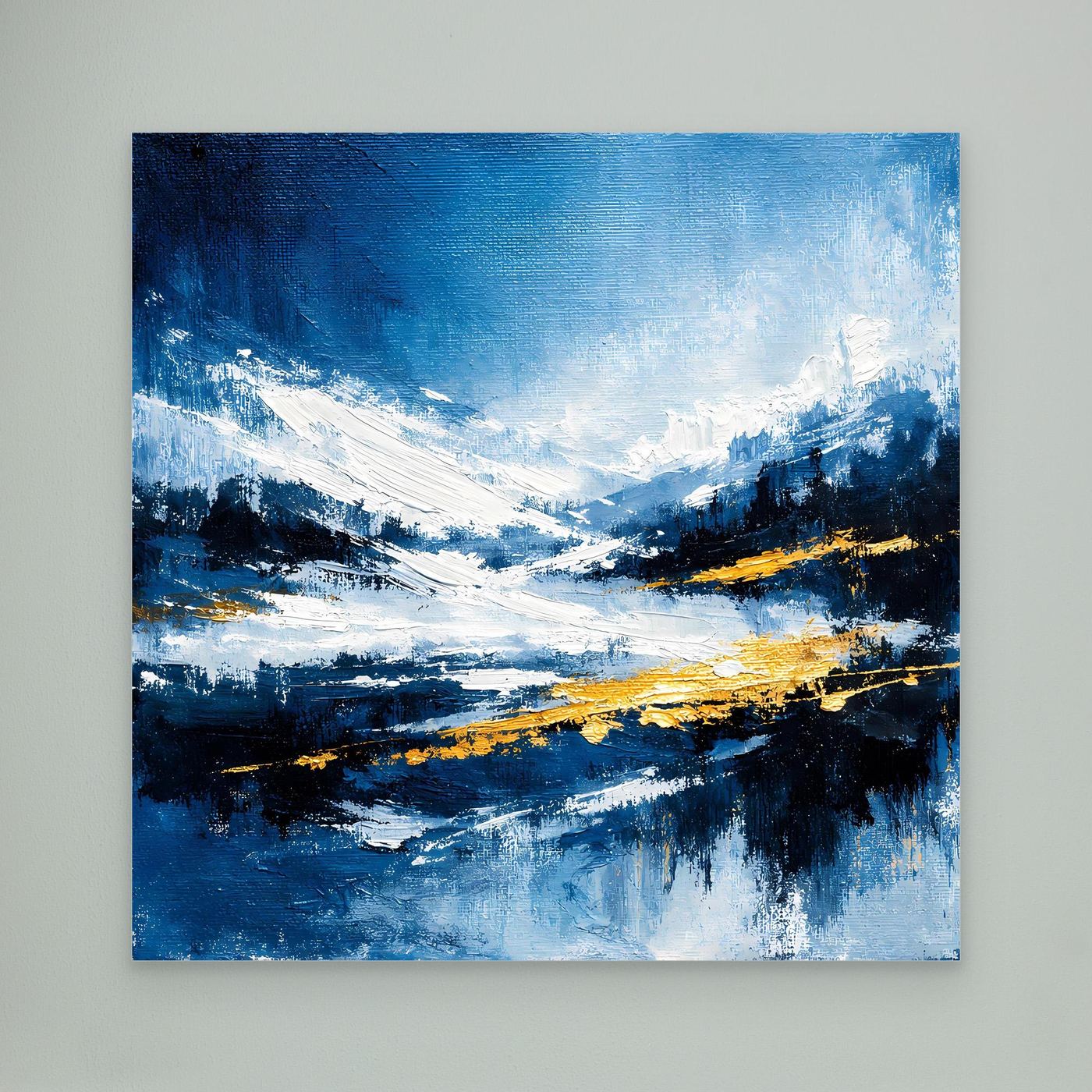 Leinwand Abstraktes Wintergemälde in Blau und Gold | Modernes Schnee & Berge Wandbild