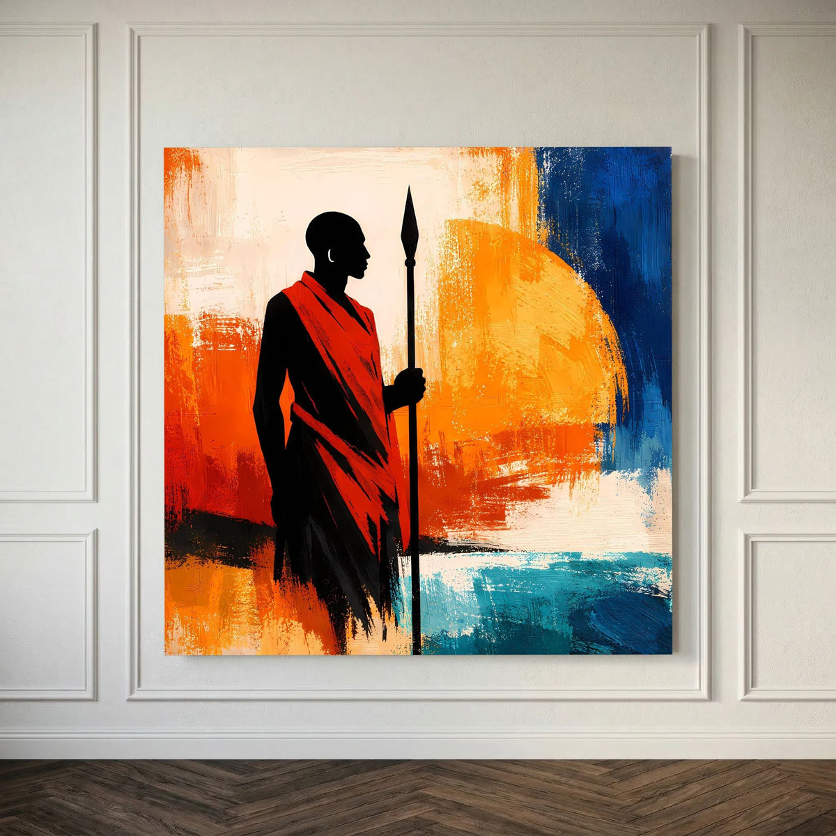 Wandbild in Rahmenoptik: afrikanischer Krieger als Silhouette, roter Umhang, Speer