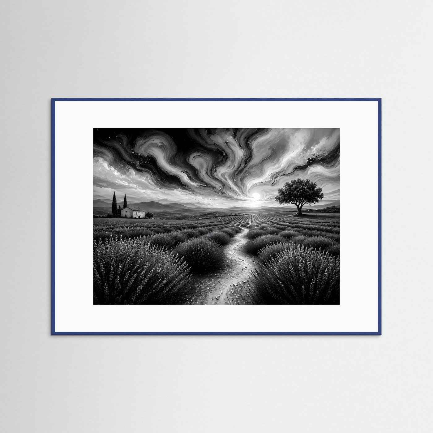 Lavendelfeld in Schwarz-Weiß | Abstrakte Landschaft mit dramatischem Himmel