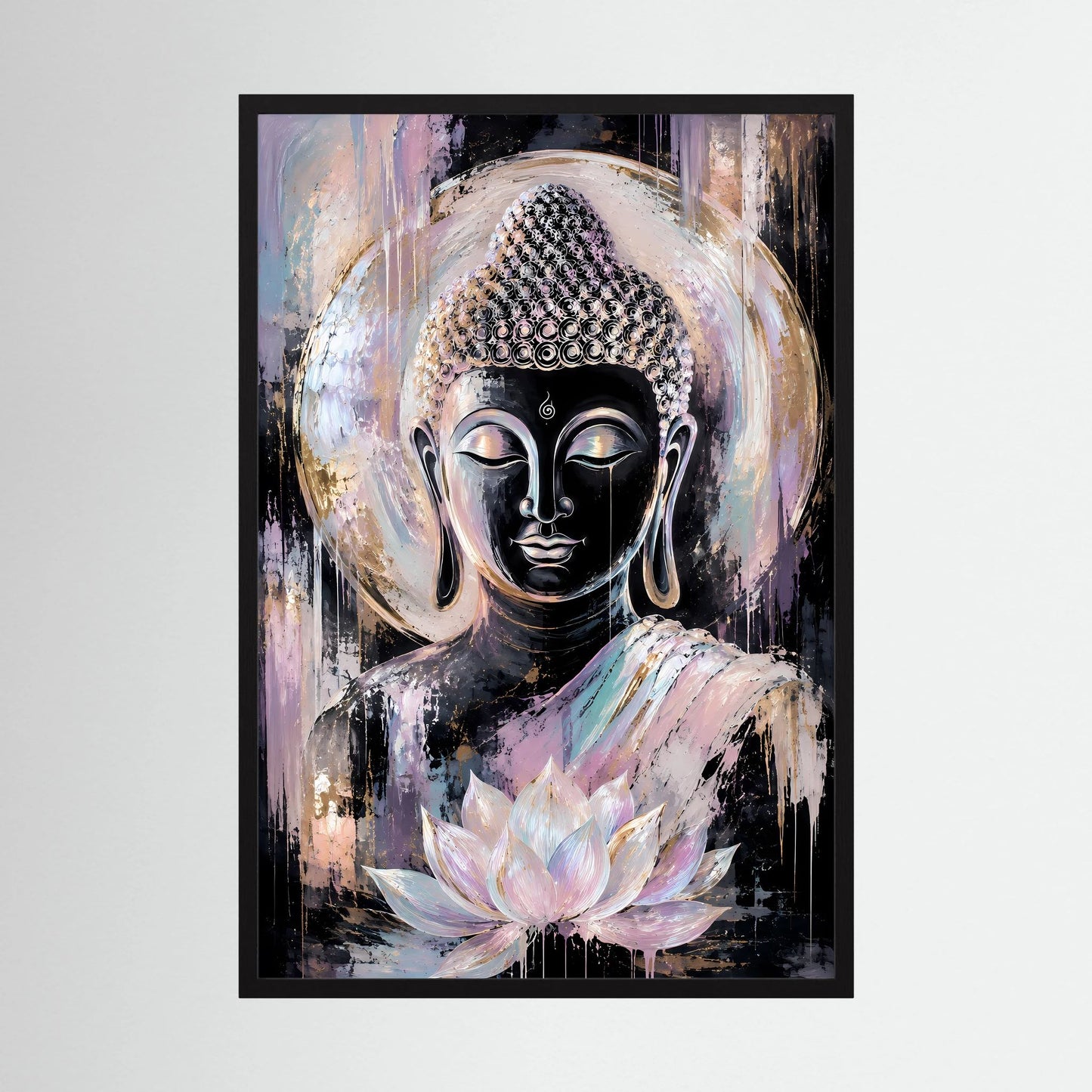 Buddha-Poster im Hochformat mit schwarzem Rahmen und Lotusblüte im Zentrum