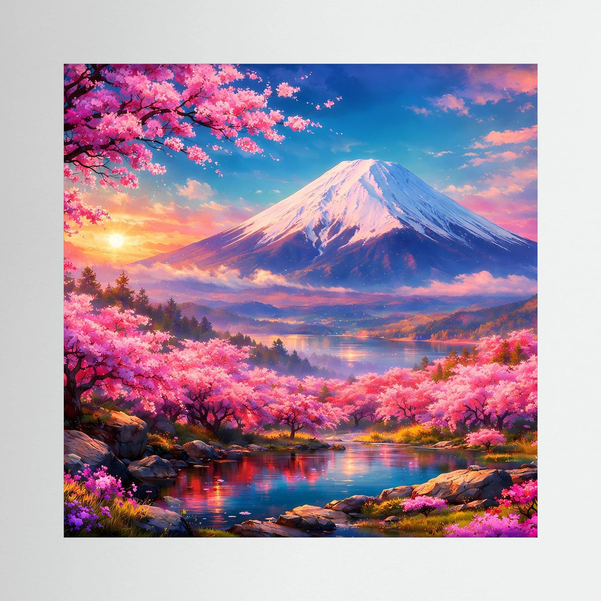 Quadratisches Leinwandbild auf Holzkeilrahmen: Fuji bei Sonnenaufgang, rosa Kirschblüten am See