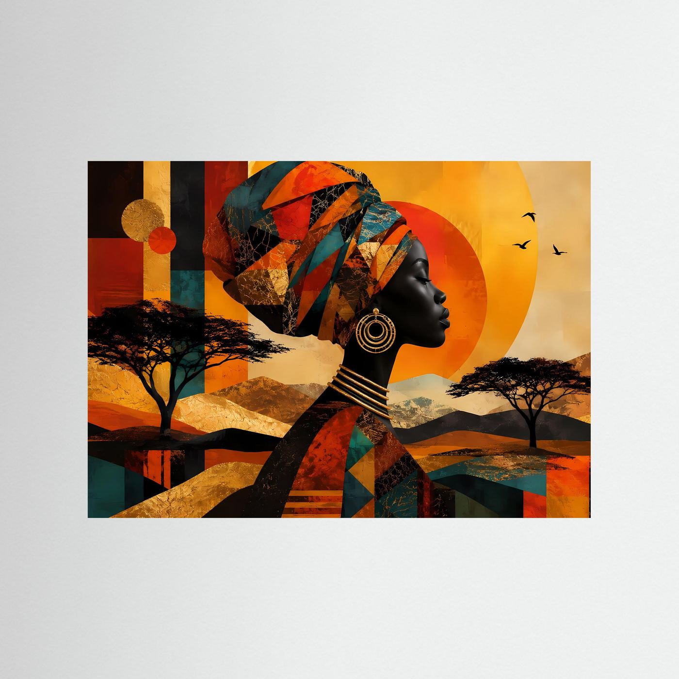Afrikanische Frau Poster | Moderne Afrika Wandkunst | Abstraktes Porträt in Gold & Erdtönen | Elegante Ethno Wall Art | Luxus Leinwandbild