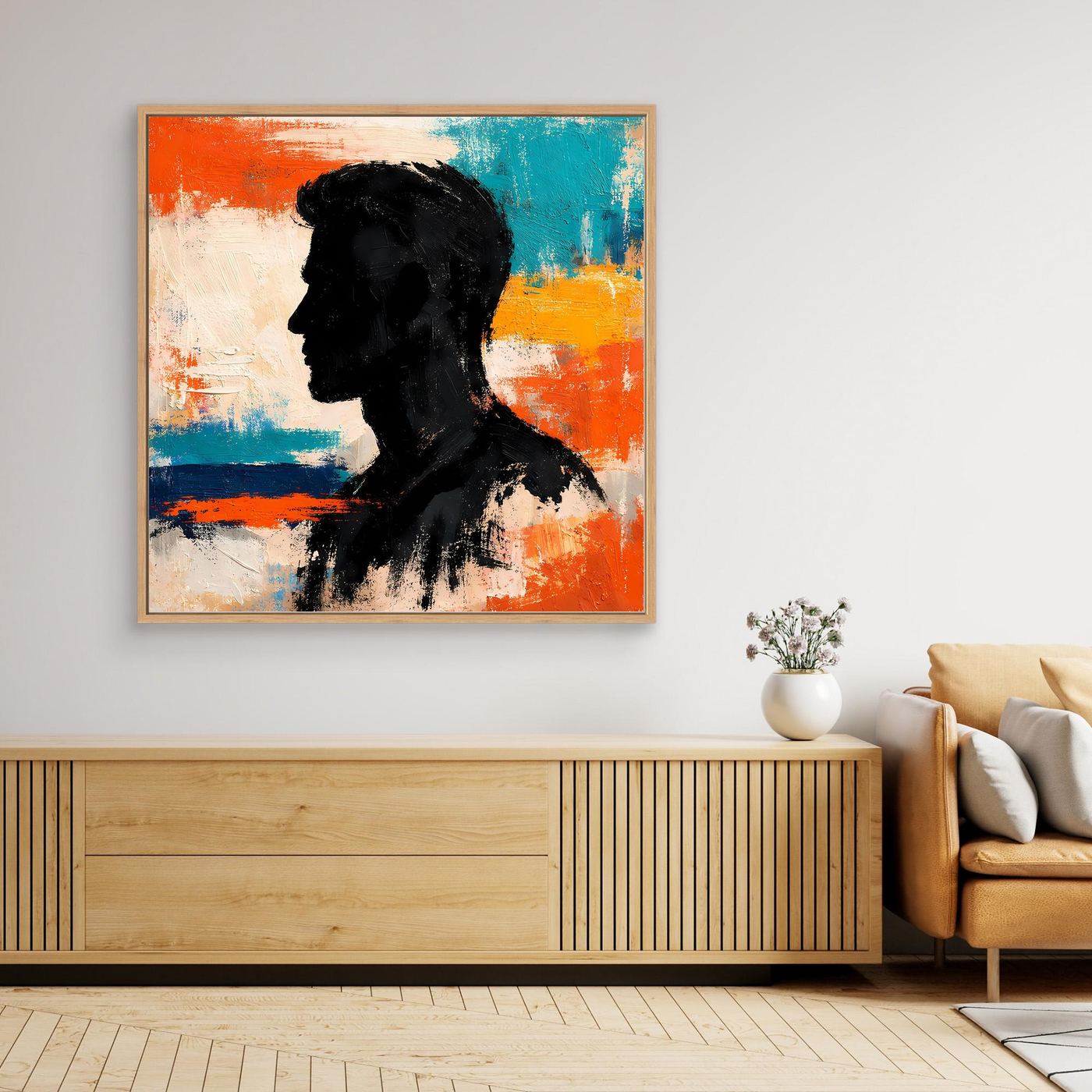 Framed abstract canvas wall art close view of a black male portrait silhouette in orange and teal