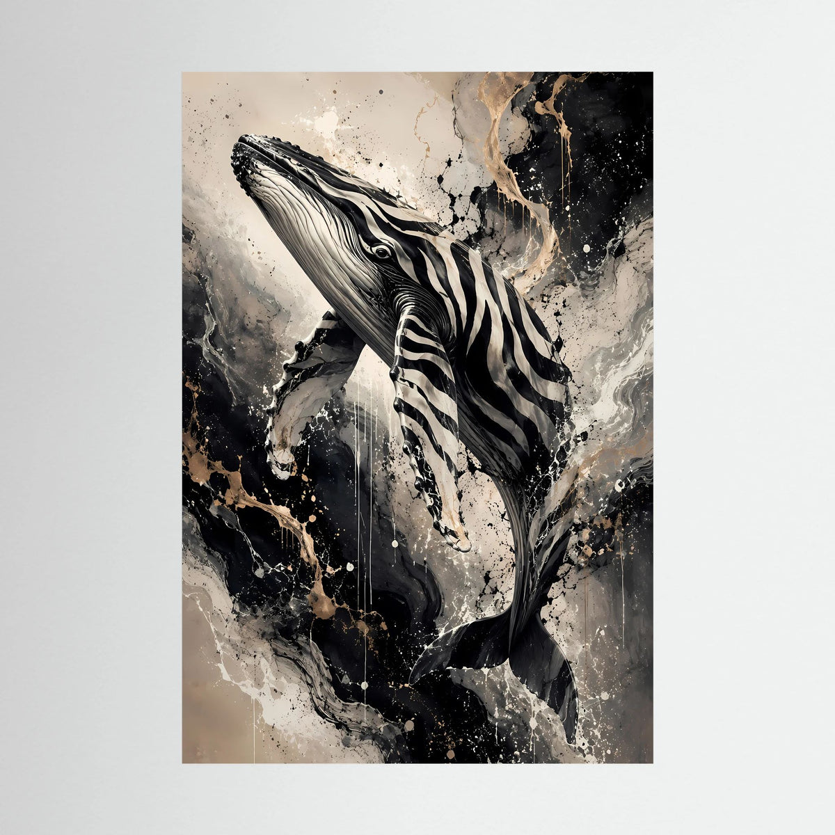 Poster im Hochformat mit abstraktem Buckelwal in Schwarz, Weiß und Goldakzenten