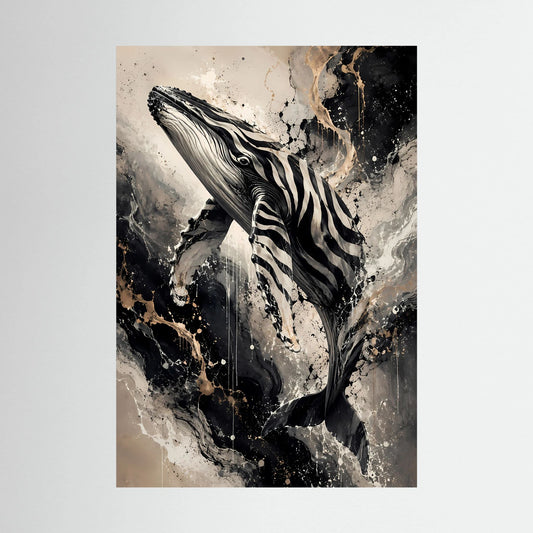 Poster im Hochformat mit abstraktem Buckelwal in Schwarz, Weiß und Goldakzenten